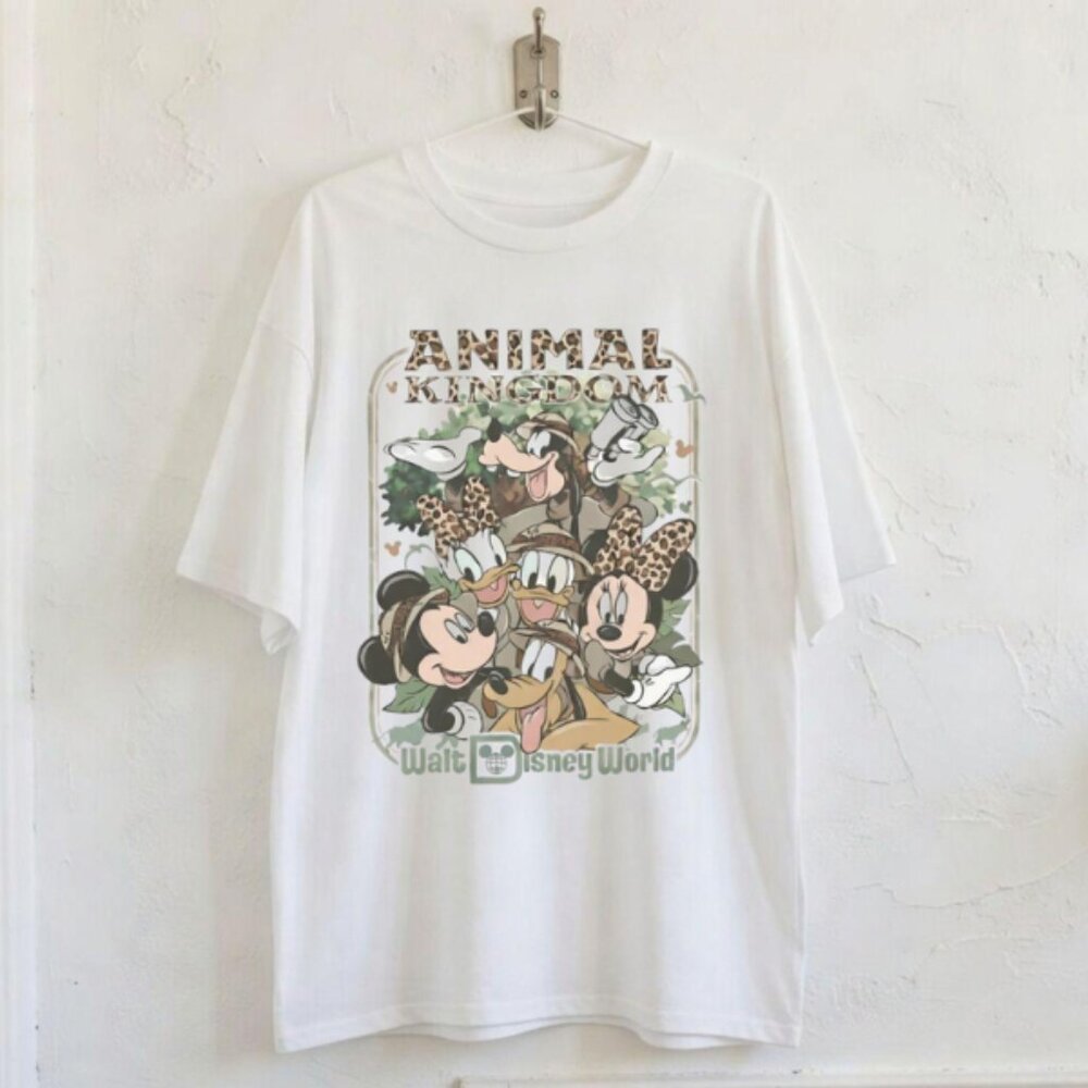 White Animal Kingdom Cartoon Safari Graphic Tee Disney Style Character Shirt